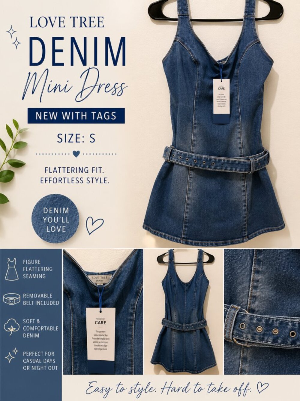 Love Tree Denim Mini Dress NWT Size Small Belted Sleeveless Jean Dress